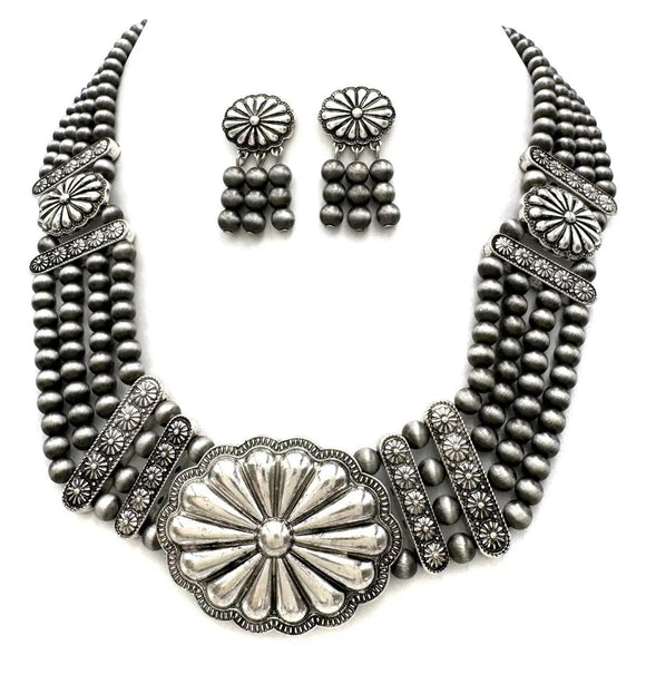Navajo Silver Beads Plastron Necklace Earrings Set