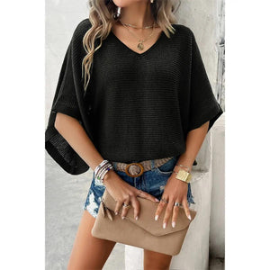 Black Solid V Neck Knit Loose Fit Bat Sleeves Top