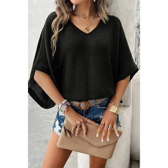 Black Solid V Neck Knit Loose Fit Bat Sleeves Top