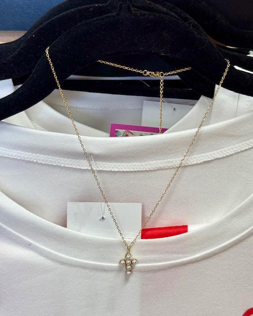 Gold Pearl Cross Necklace