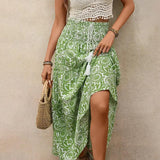 Green Boho Print High Waist Split Maxi Skirt Summer