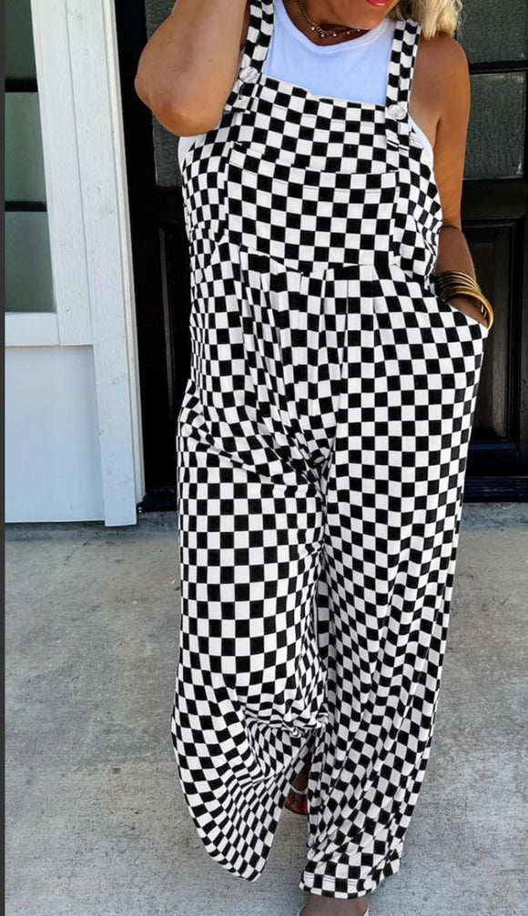 Checker Pocketed Wide Leg Jumpsuit
