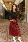 Burgundy Faux Leather Pleated Concho Button Down Western Buckle Skirt