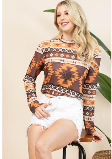 Brown Aztec Mesh Top