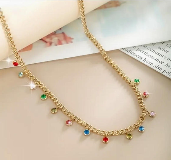 Gold Plated Necklace With Color Gem Stones