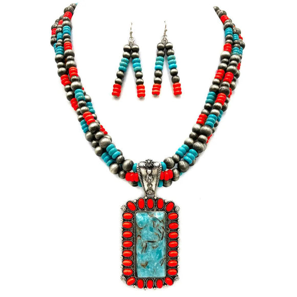 Concho Stone Turquoise Bead Pearl Western Chunky Necklace
