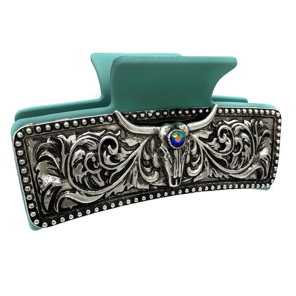 Western Longhorn Rhinestone Silver Turquoise Hair Claw