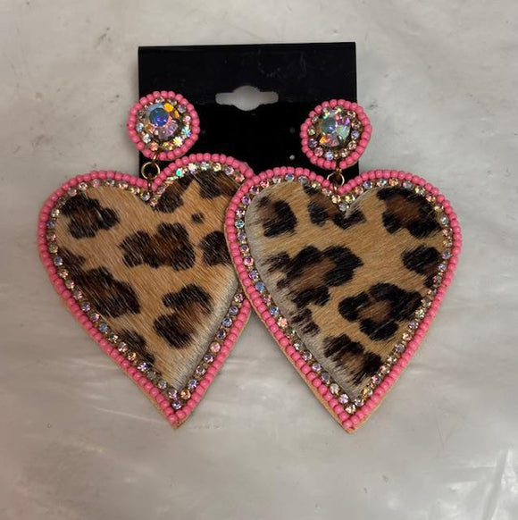 Pink Cheetah Heart Earrings
