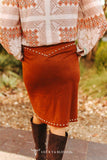Camel Stretch Studded Suede Zip Front Pencil Skirt