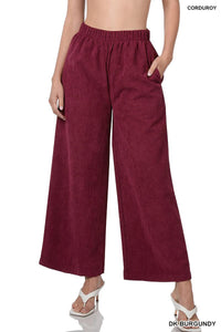Dark Burgundy Corduroy Wide Leg Pants With Pockets