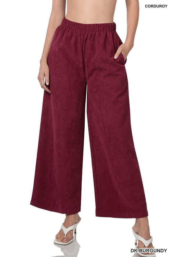 Dark Burgundy Corduroy Wide Leg Pants With Pockets