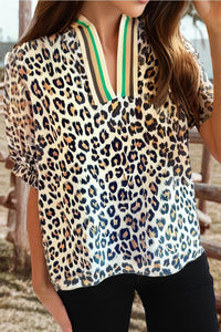 Leopard Contrast Striped Half Sleeve Loose Blouse