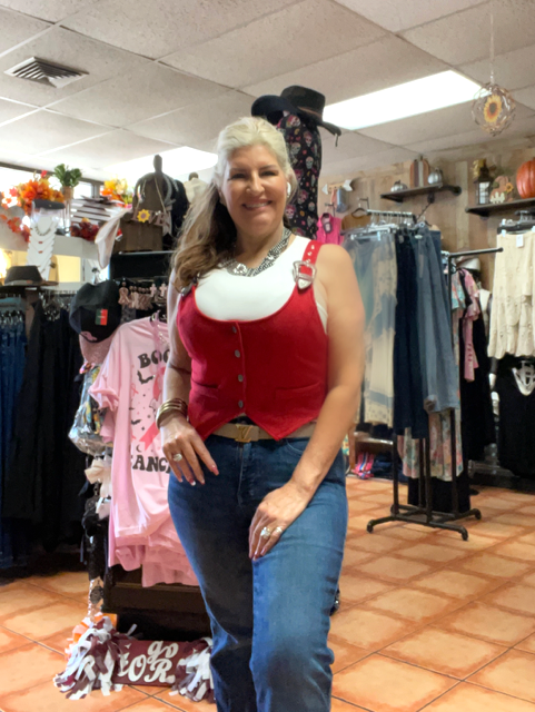 Red Suede Buckle Strap Button Down Vest