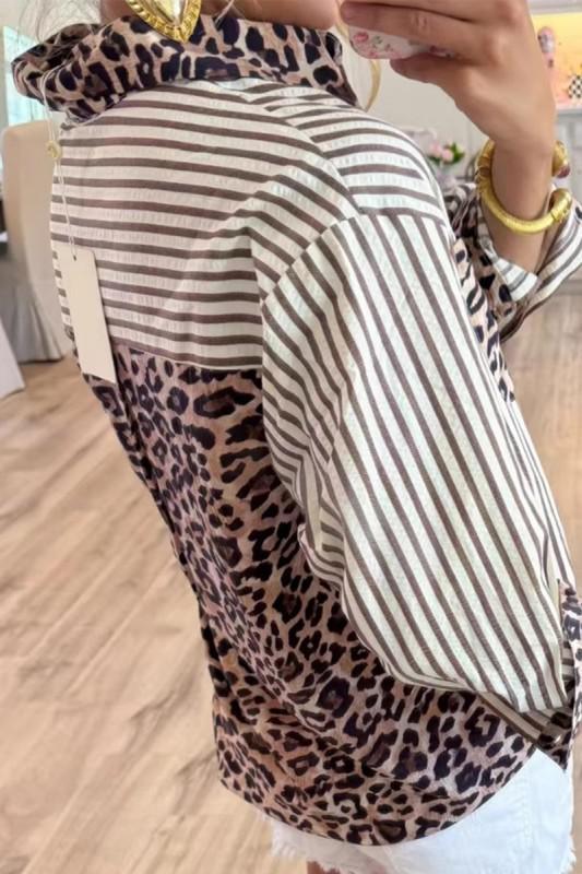 Striped Leopard Patchwork Button-up Shirt Blouse.