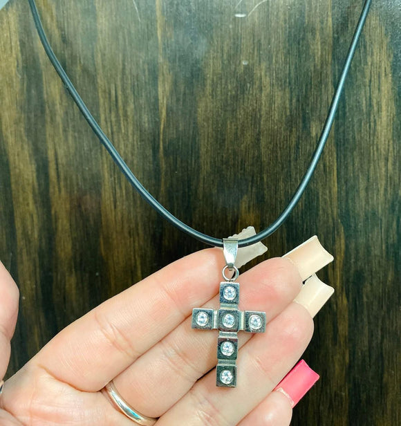 Black Leather and Silver Cross Necklace