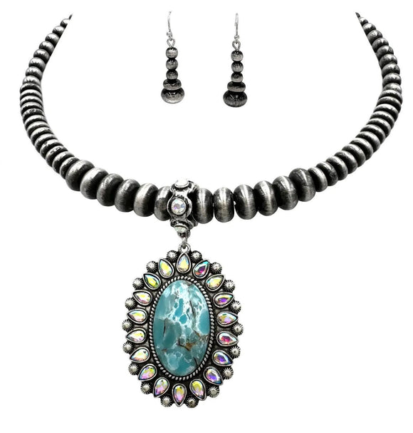 Turquoise Concho Navajo Bead Choker Necklace with Earrings